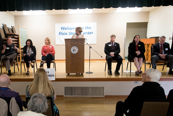 Six board candidates campaign at Stuhr Center forum