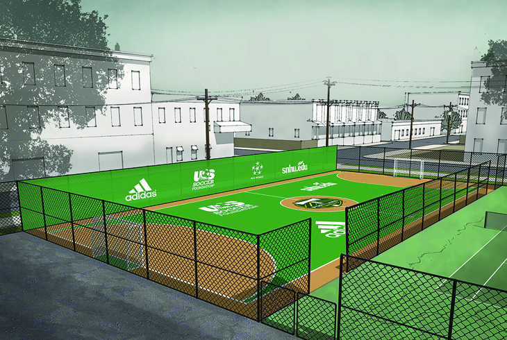 An artist's rendering shows how a tennis court could be renovated for futsal, as proposed for Center Street Park at an April 27 public meeting.