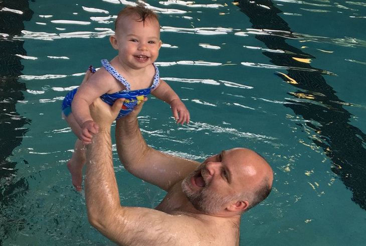 Hannah and her dad recently graduated from Baby & Me, a  class designed to introduce basic swim skills to infants and toddlers. (Photo courtesy of mom.)