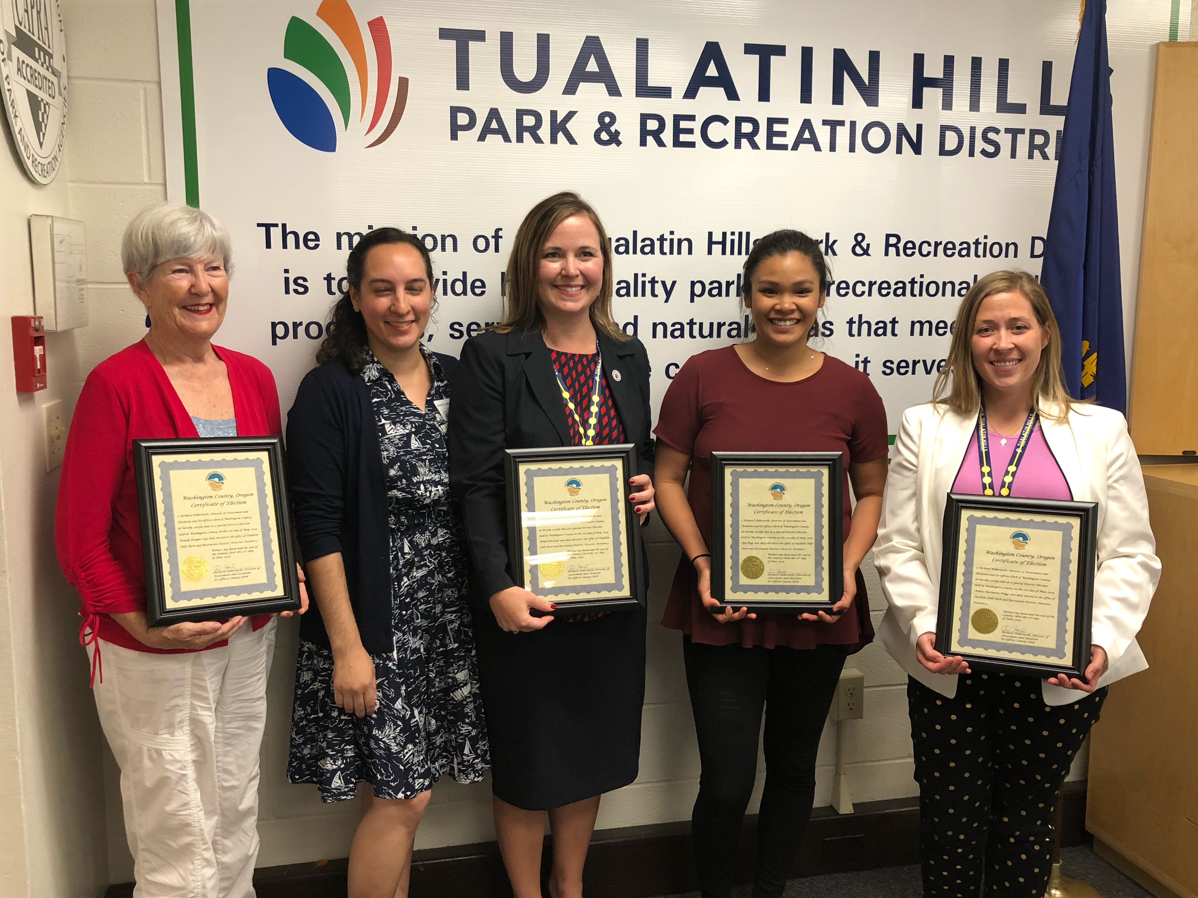 THPRD Board of Directors: Wendy Kroger, Felicita Monteblanco, Heidi Edwards, Tya Ping, Ashley Hartmeier-Prigg