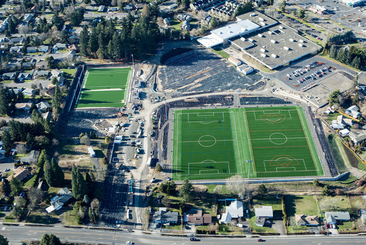 This photo, taken in Jan. 17, shows the installation of two turf fields at Mountain View MS (foreground) and the Champions Too field (upper left).