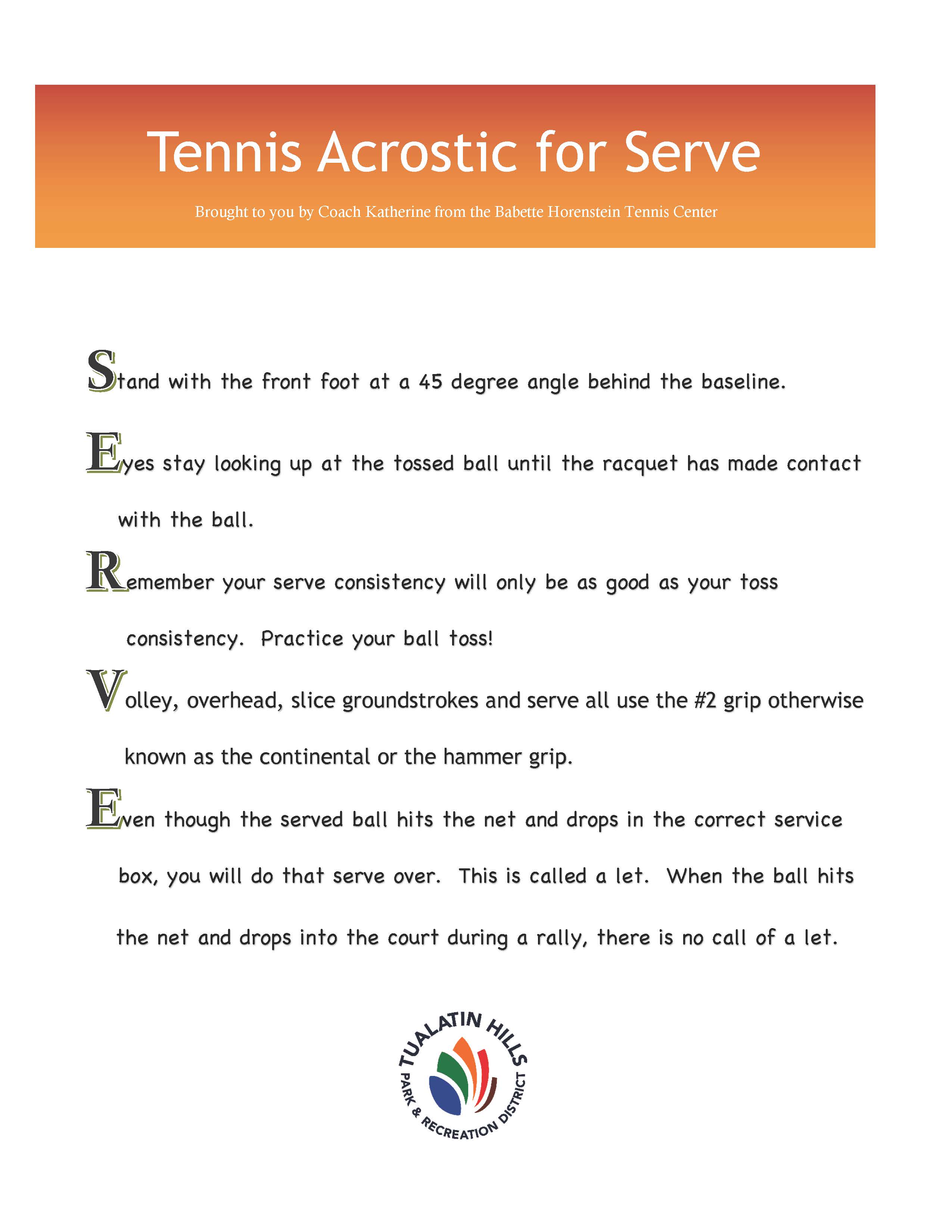 Tennis acrostic for serve